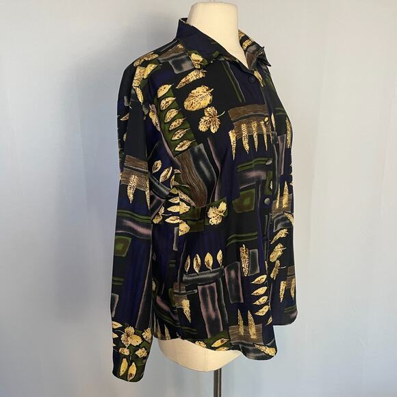 Vintage Blouse Top Size Medium Purple Green Boho Art Print Long Sleeve Button - Picture 5 of 12